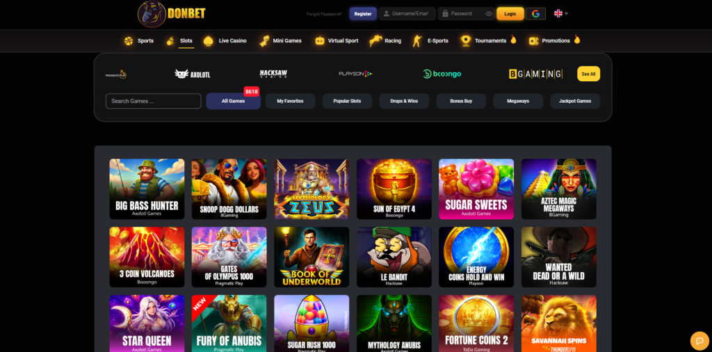 DonBet casino and sportsbook interface with themed lobby