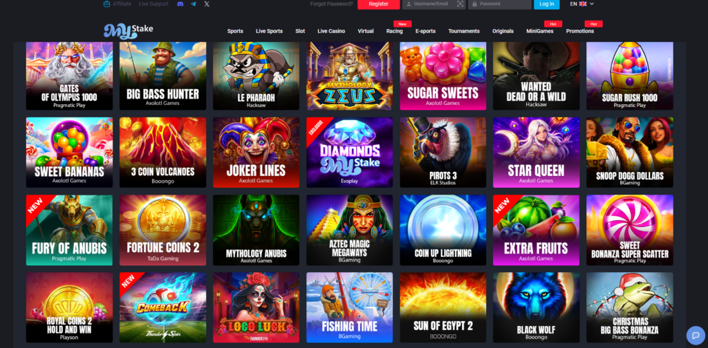MyStake casino showing game lobby with casino, live dealer and sportsbook tabs