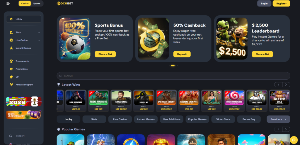 CocoBet casino homepage showing crypto deposit options and game selection