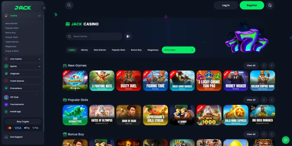 JACK casino interface showing sportsbook and casino game lobby